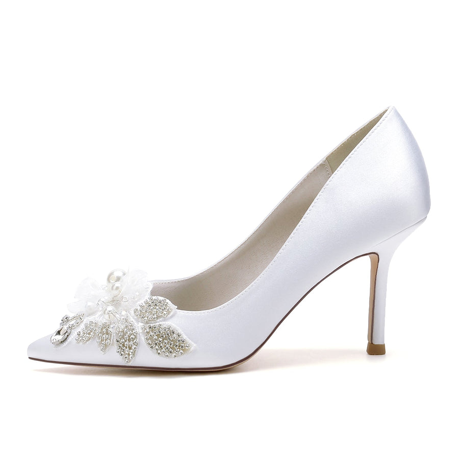 Damen Seidensatin mit Blumen Strass Geschlossene Zehen Stiletto Absatz Abendschuhe