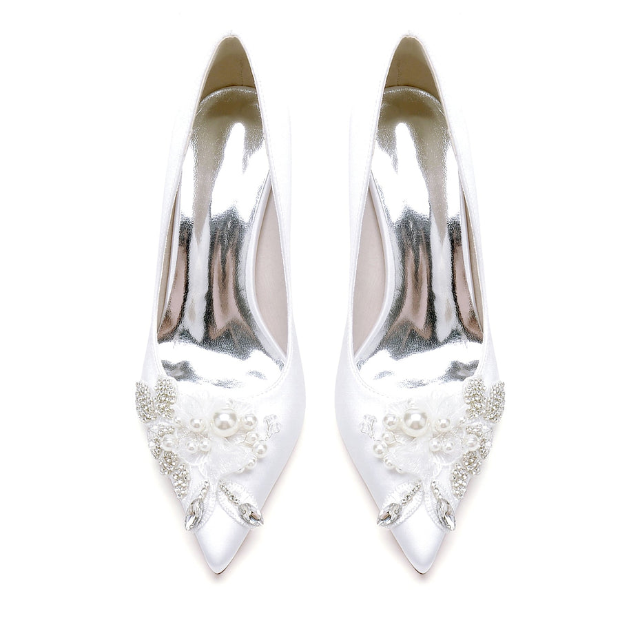 Damen Seidensatin mit Blumen Strass Geschlossene Zehen Stiletto Absatz Abendschuhe
