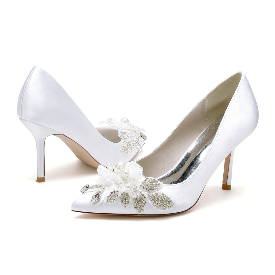 Damen Seidensatin mit Blumen Strass Geschlossene Zehen Stiletto Absatz Abendschuhe