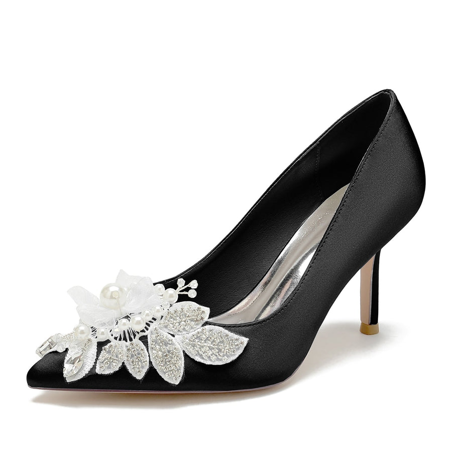 Damen Seidensatin mit Blumen Strass Geschlossene Zehen Stiletto Absatz Abendschuhe
