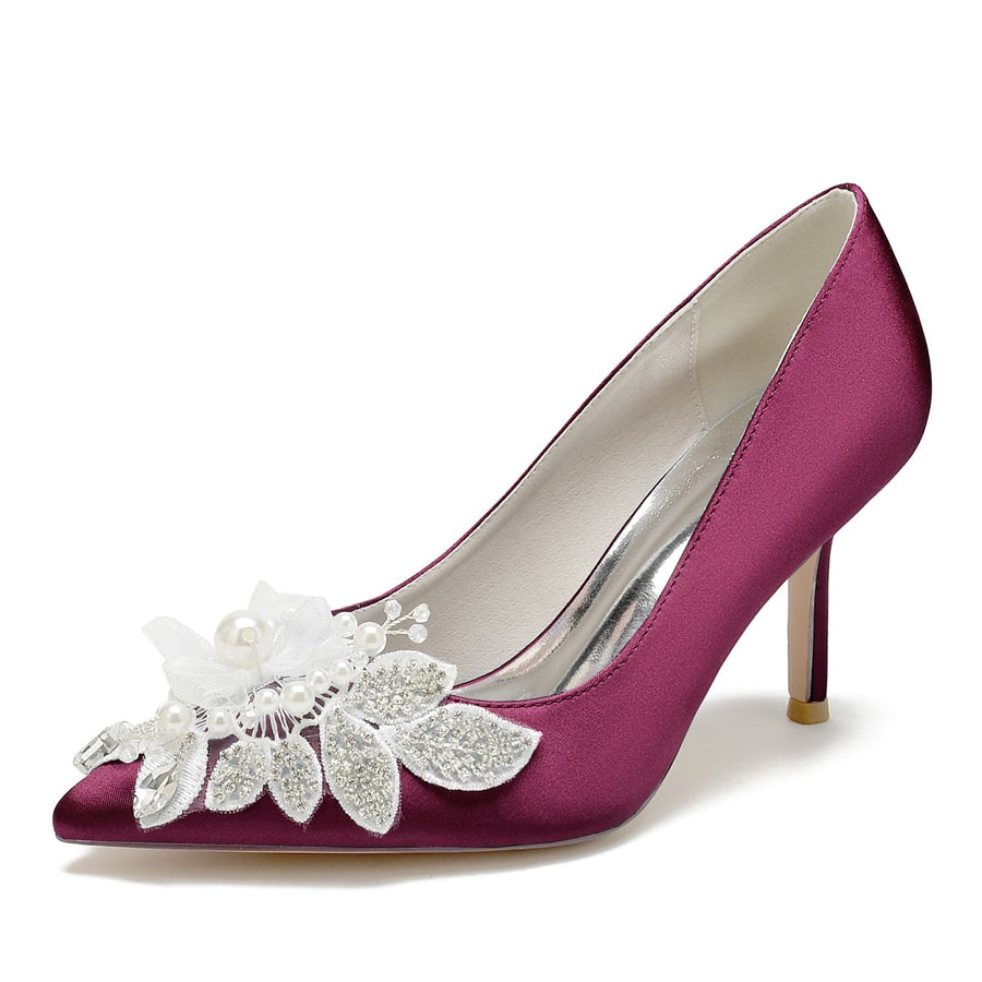 Damen Seidensatin mit Blumen Strass Geschlossene Zehen Stiletto Absatz Abendschuhe