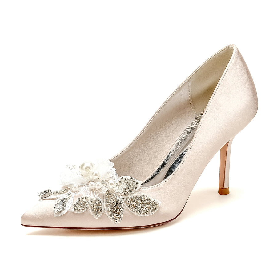 Damen Seidensatin mit Blumen Strass Geschlossene Zehen Stiletto Absatz Abendschuhe