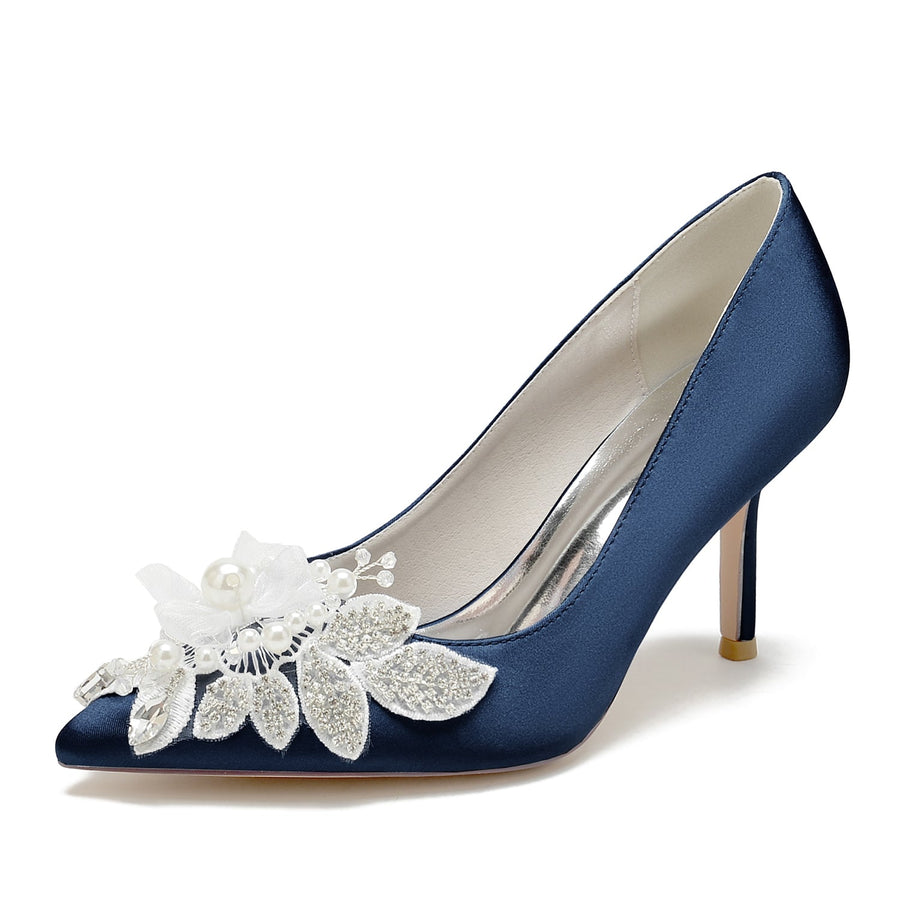 Damen Seidensatin mit Blumen Strass Geschlossene Zehen Stiletto Absatz Abendschuhe