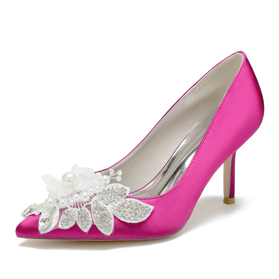 Damen Seidensatin mit Blumen Strass Geschlossene Zehen Stiletto Absatz Abendschuhe