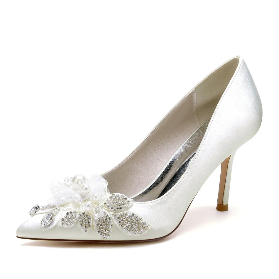 Damen Seidensatin mit Blumen Strass Geschlossene Zehen Stiletto Absatz Abendschuhe