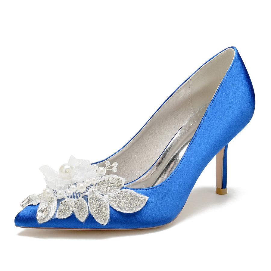 Damen Seidensatin mit Blumen Strass Geschlossene Zehen Stiletto Absatz Abendschuhe