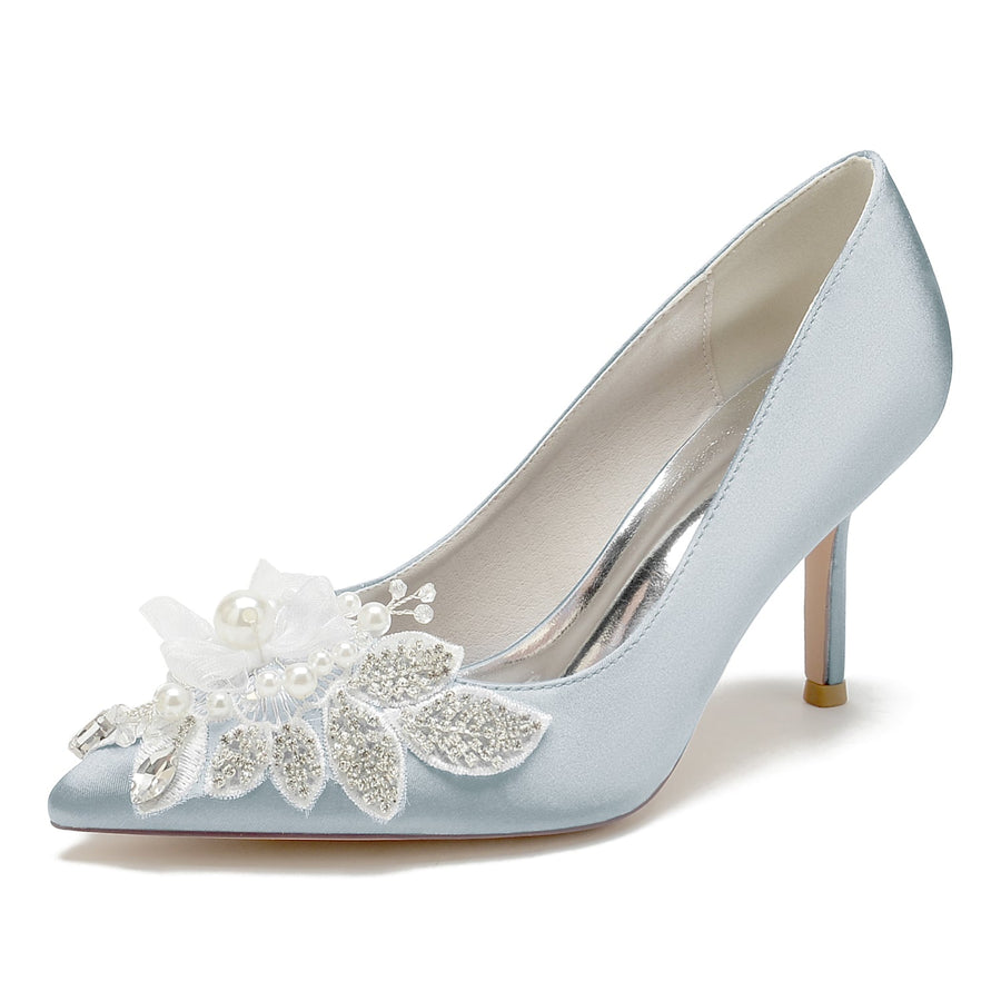 Damen Seidensatin mit Blumen Strass Geschlossene Zehen Stiletto Absatz Abendschuhe