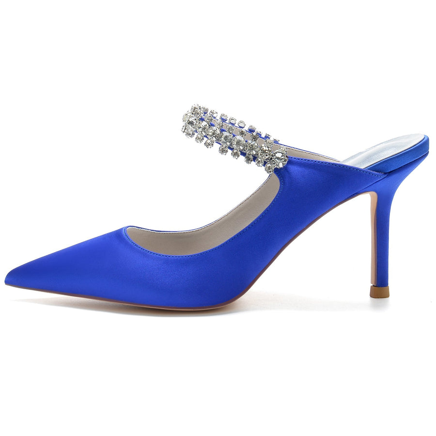 Damen Seidensatin mit Knöchelriemen Strass Spitze Geschlossene Zehen Stiletto Absatz Brautschuhe