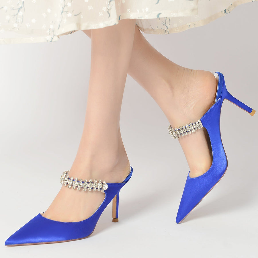 Damen Seidensatin mit Knöchelriemen Strass Spitze Geschlossene Zehen Stiletto Absatz Brautschuhe