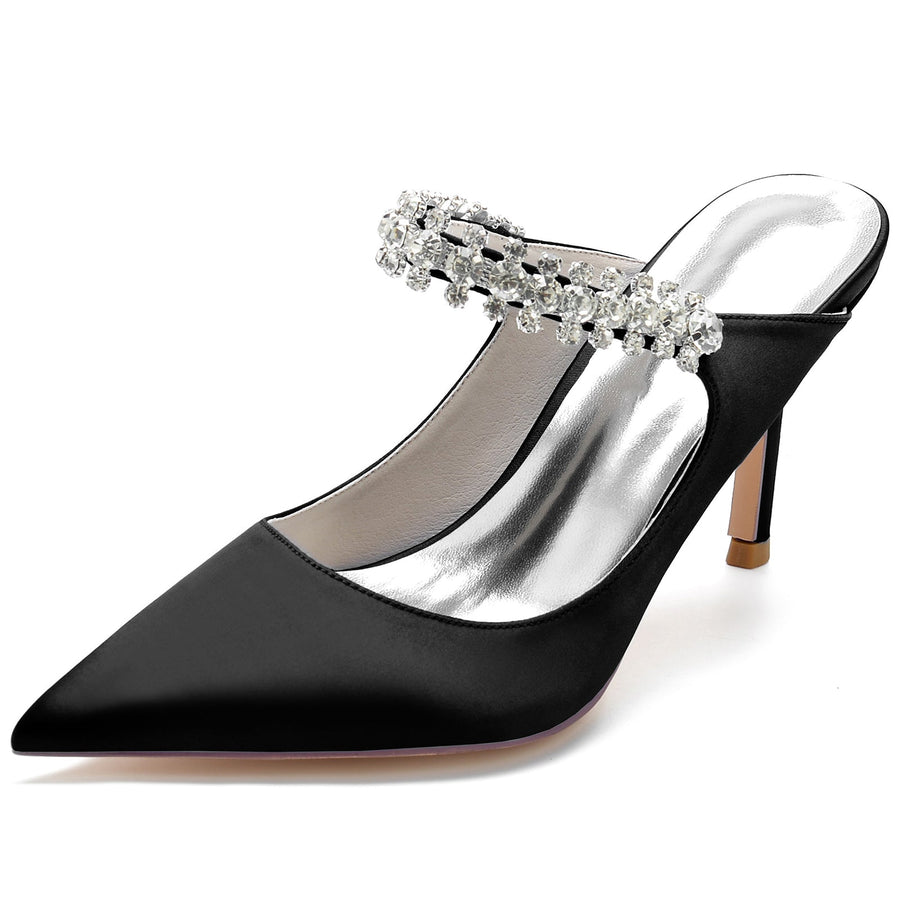 Damen Seidensatin mit Knöchelriemen Strass Spitze Geschlossene Zehen Stiletto Absatz Brautschuhe