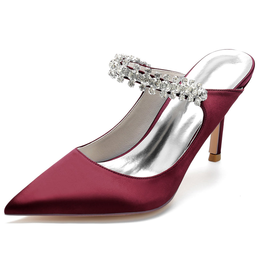 Damen Seidensatin mit Knöchelriemen Strass Spitze Geschlossene Zehen Stiletto Absatz Brautschuhe