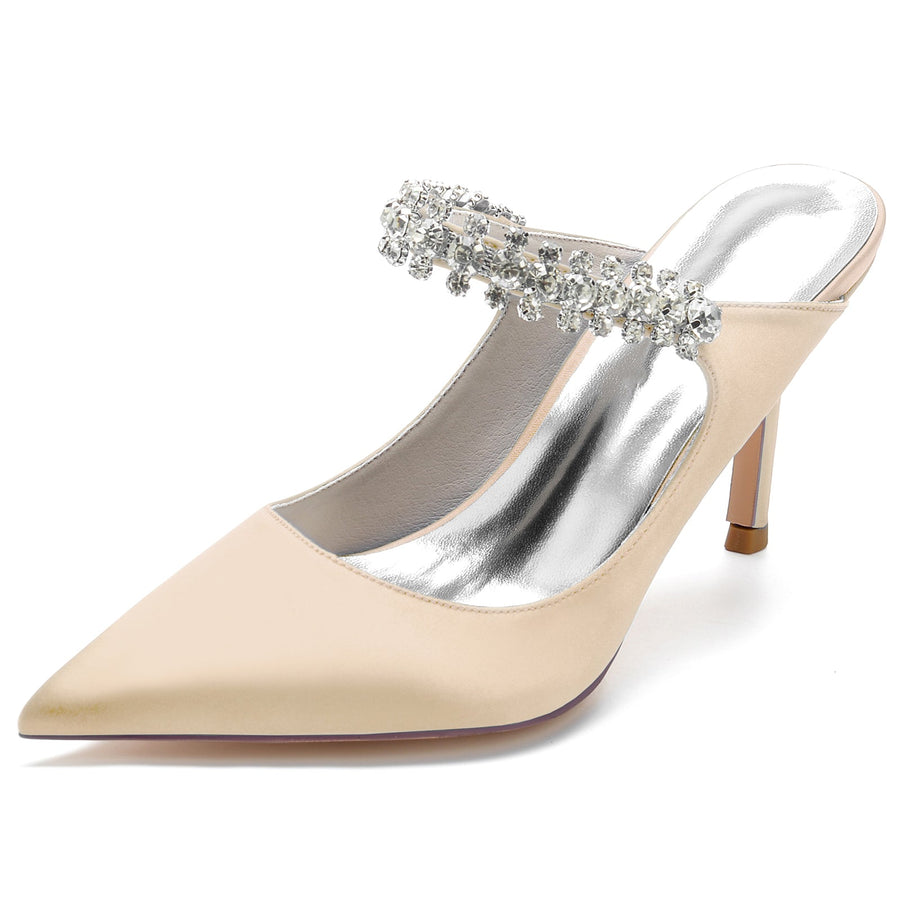 Damen Seidensatin mit Knöchelriemen Strass Spitze Geschlossene Zehen Stiletto Absatz Brautschuhe