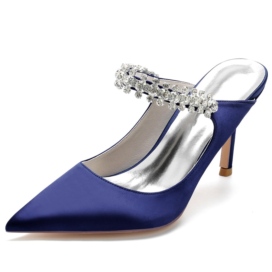 Damen Seidensatin mit Knöchelriemen Strass Spitze Geschlossene Zehen Stiletto Absatz Brautschuhe