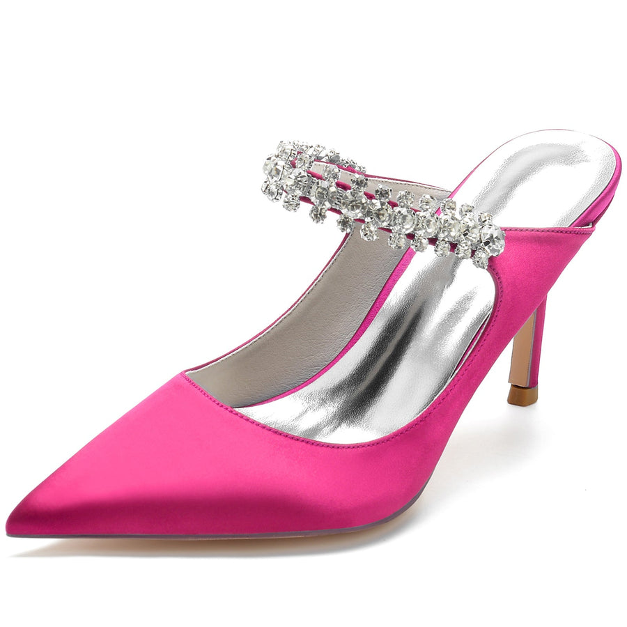 Damen Seidensatin mit Knöchelriemen Strass Spitze Geschlossene Zehen Stiletto Absatz Brautschuhe
