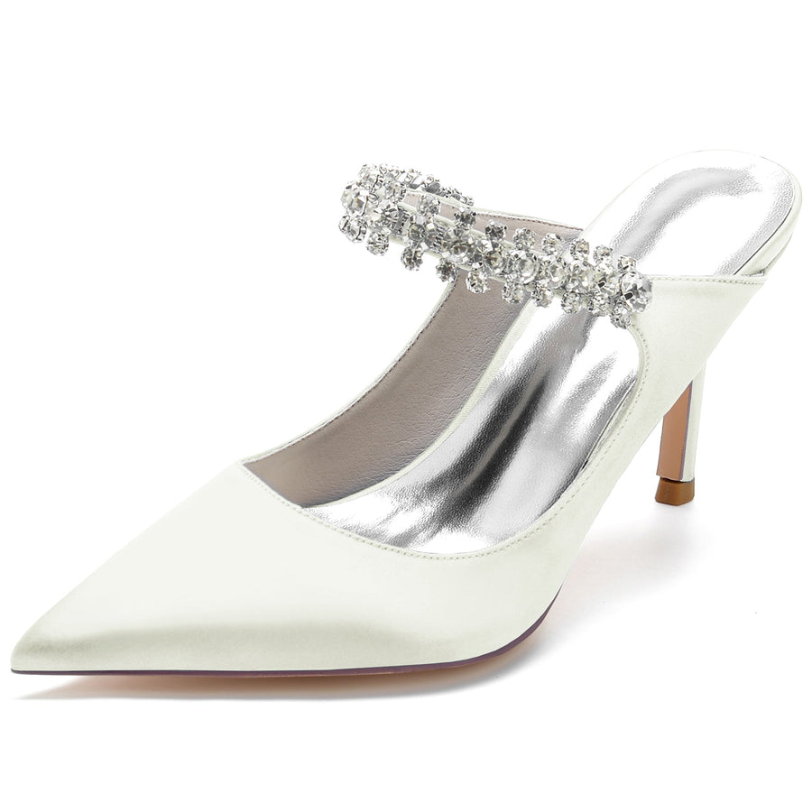 Damen Seidensatin mit Knöchelriemen Strass Spitze Geschlossene Zehen Stiletto Absatz Brautschuhe