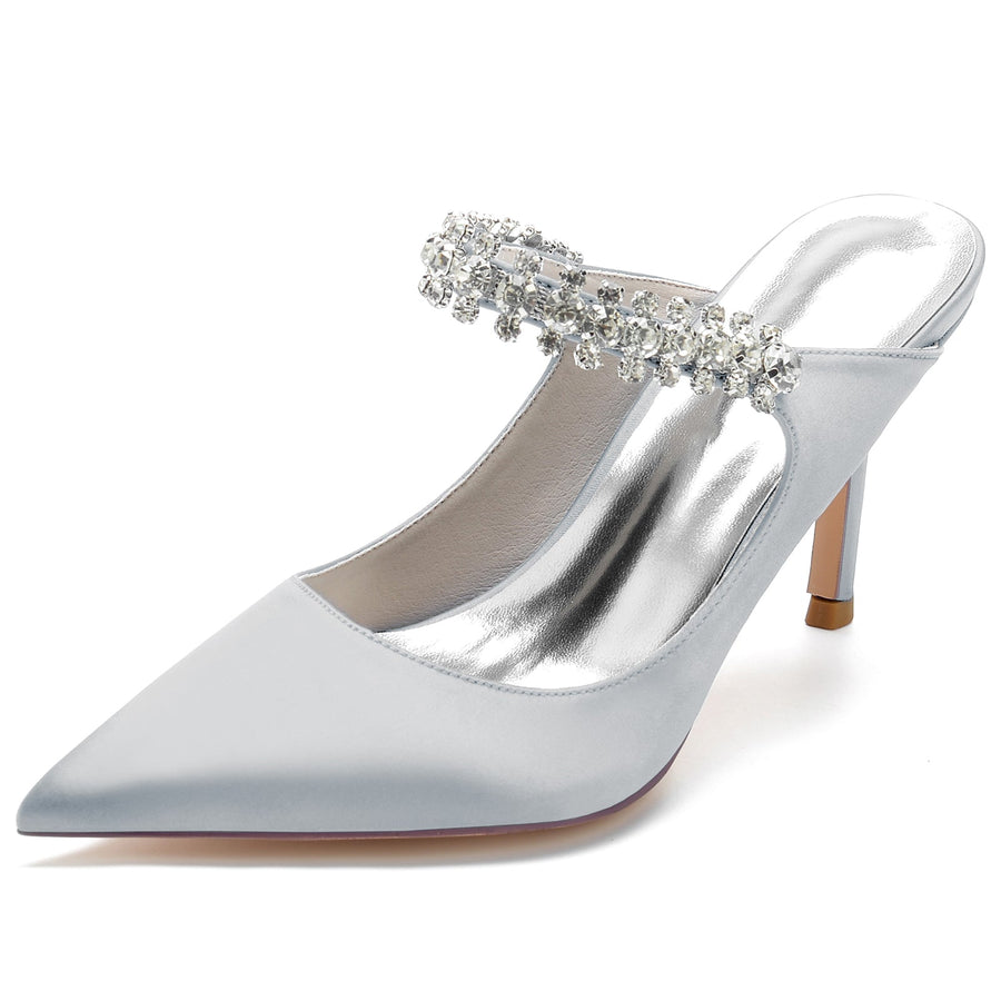 Damen Seidensatin mit Knöchelriemen Strass Spitze Geschlossene Zehen Stiletto Absatz Brautschuhe