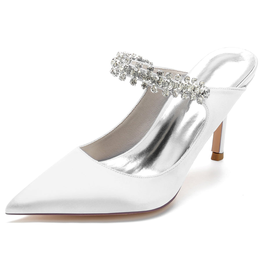 Damen Seidensatin mit Knöchelriemen Strass Spitze Geschlossene Zehen Stiletto Absatz Brautschuhe