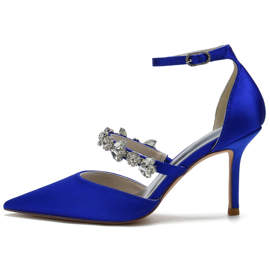 Damen Knöchelriemen Seidensatin Mit Knöchelriemen Strass Geschlossene Zehen Stiletto Absatz Abendschuhe