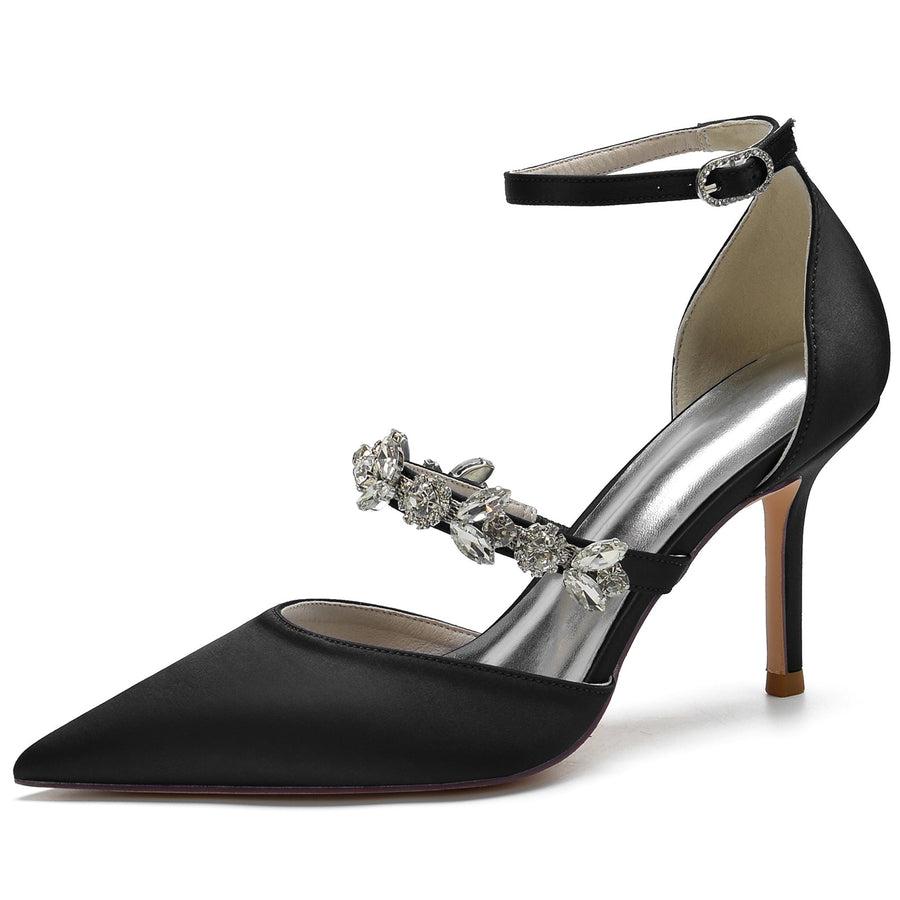 Damen Knöchelriemen Seidensatin Mit Knöchelriemen Strass Geschlossene Zehen Stiletto Absatz Abendschuhe