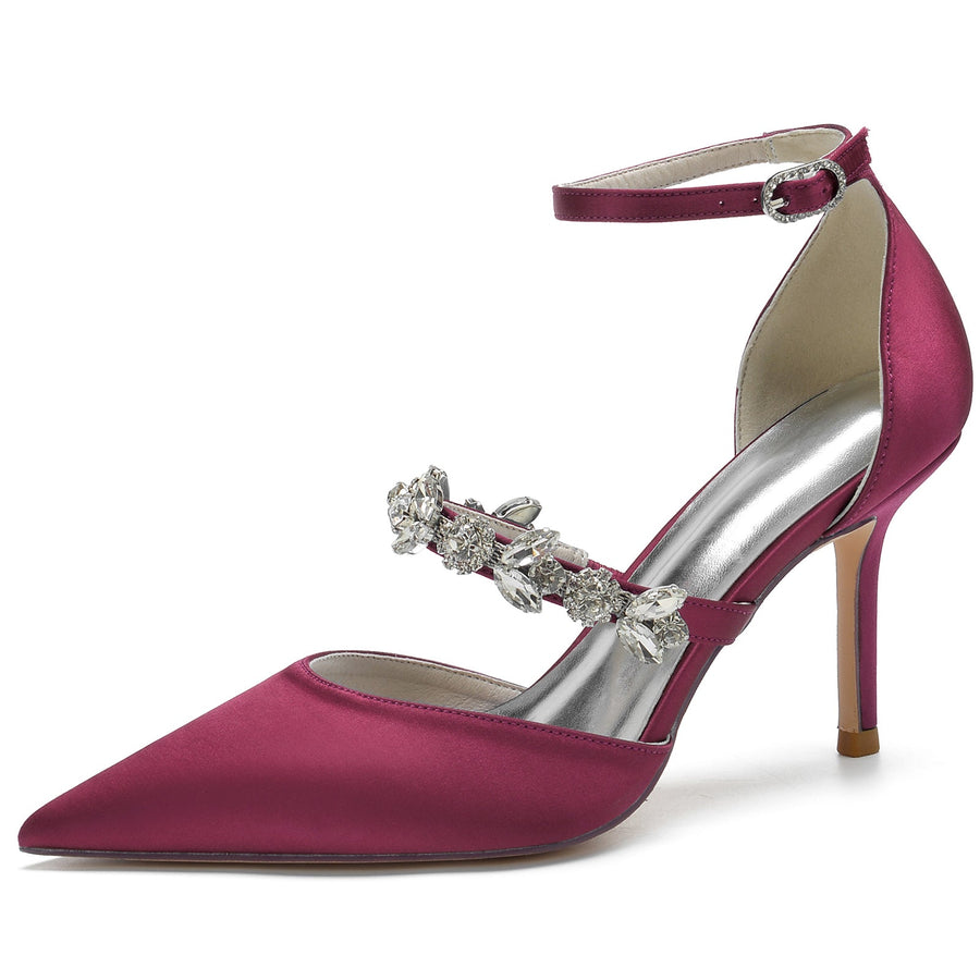 Damen Knöchelriemen Seidensatin Mit Knöchelriemen Strass Geschlossene Zehen Stiletto Absatz Abendschuhe