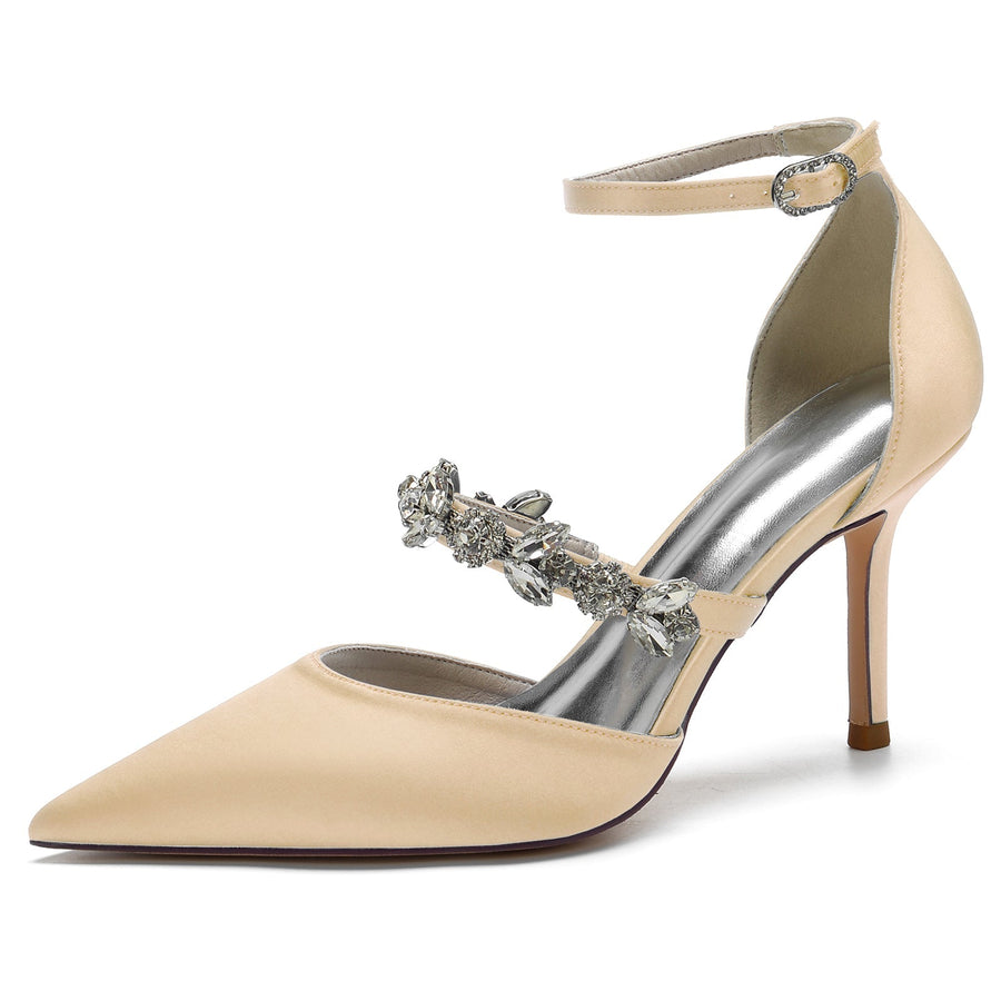 Damen Knöchelriemen Seidensatin Mit Knöchelriemen Strass Geschlossene Zehen Stiletto Absatz Abendschuhe