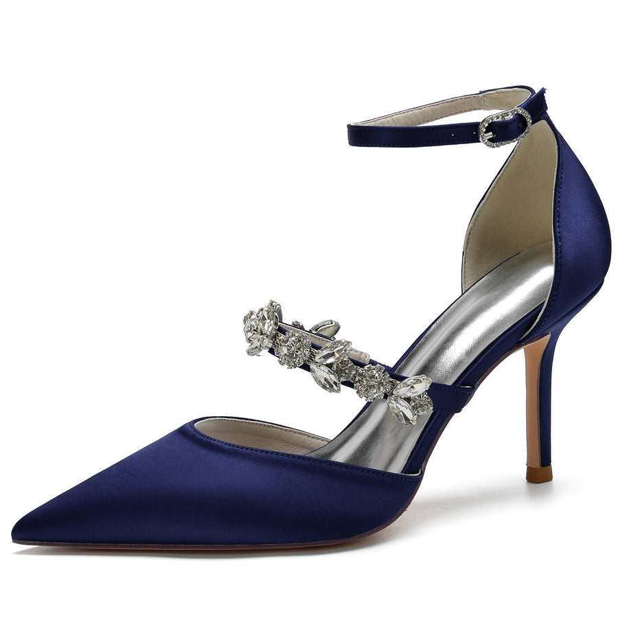 Damen Knöchelriemen Seidensatin Mit Knöchelriemen Strass Geschlossene Zehen Stiletto Absatz Abendschuhe