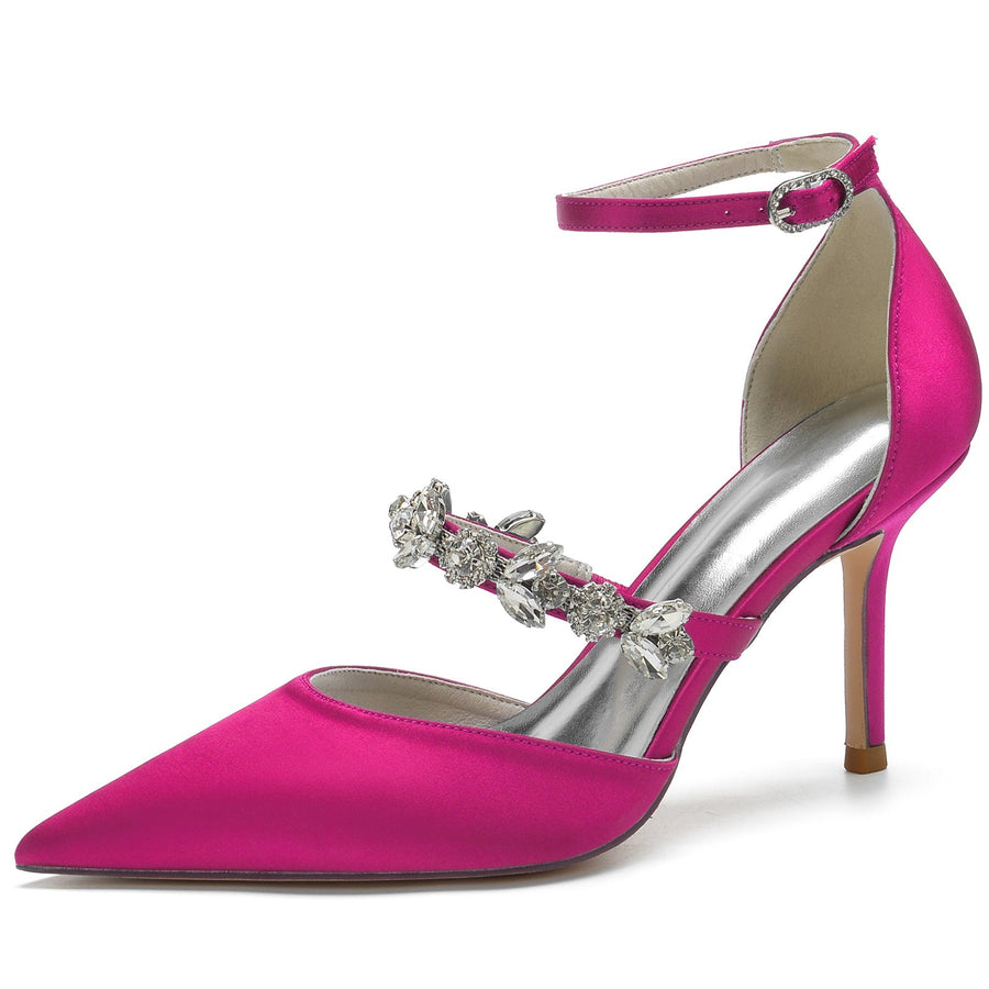 Damen Knöchelriemen Seidensatin Mit Knöchelriemen Strass Geschlossene Zehen Stiletto Absatz Abendschuhe