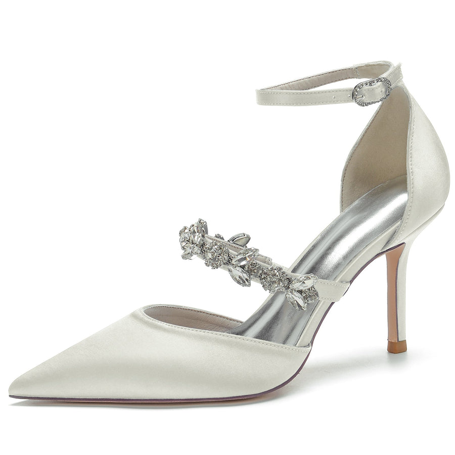 Damen Knöchelriemen Seidensatin Mit Knöchelriemen Strass Geschlossene Zehen Stiletto Absatz Abendschuhe