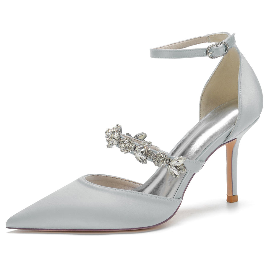 Damen Knöchelriemen Seidensatin Mit Knöchelriemen Strass Geschlossene Zehen Stiletto Absatz Abendschuhe