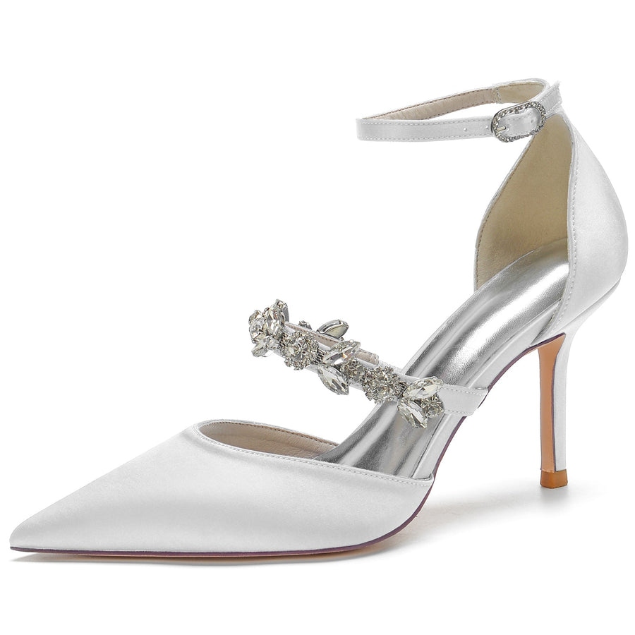 Damen Knöchelriemen Seidensatin Mit Knöchelriemen Strass Geschlossene Zehen Stiletto Absatz Abendschuhe