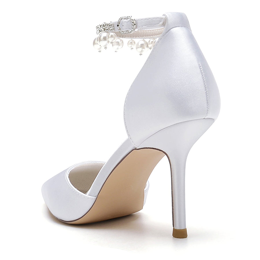 Damen Seidensatin Mit Knöchelriemen Perle Strass Quaste Geschlossene Zehen Stiletto Absatz Party Schuhe