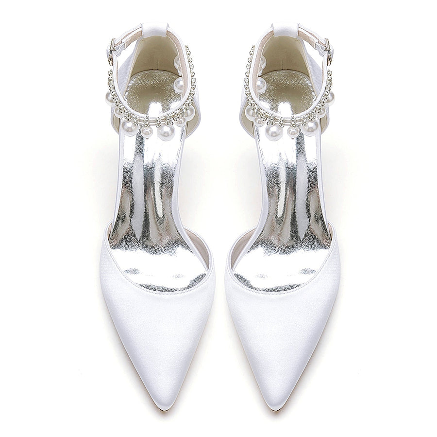 Damen Seidensatin Mit Knöchelriemen Perle Strass Quaste Geschlossene Zehen Stiletto Absatz Party Schuhe