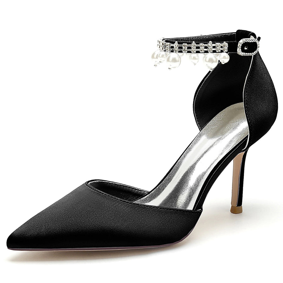 Damen Seidensatin Mit Knöchelriemen Perle Strass Quaste Geschlossene Zehen Stiletto Absatz Party Schuhe