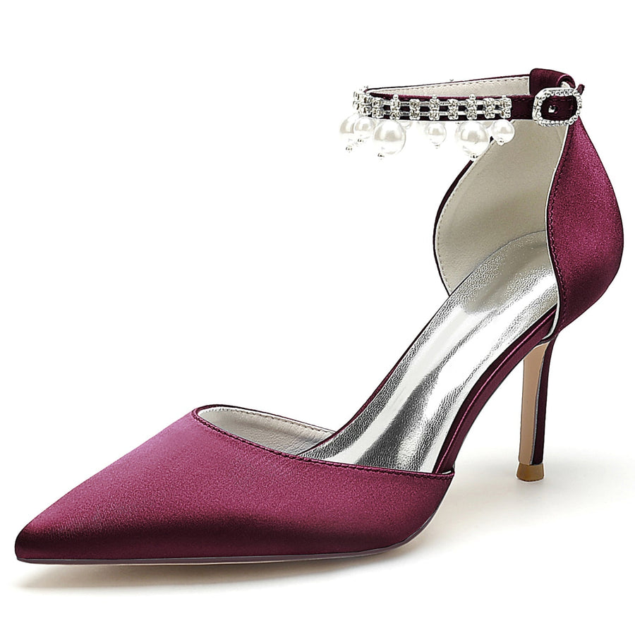 Damen Seidensatin Mit Knöchelriemen Perle Strass Quaste Geschlossene Zehen Stiletto Absatz Party Schuhe