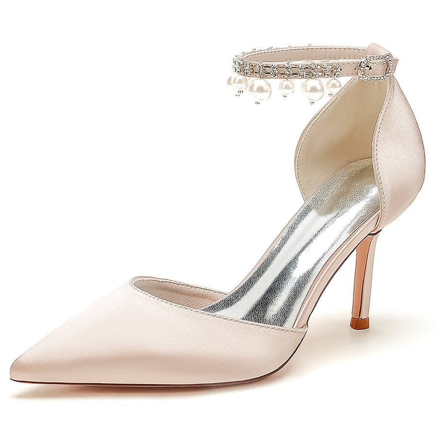 Damen Seidensatin Mit Knöchelriemen Perle Strass Quaste Geschlossene Zehen Stiletto Absatz Party Schuhe
