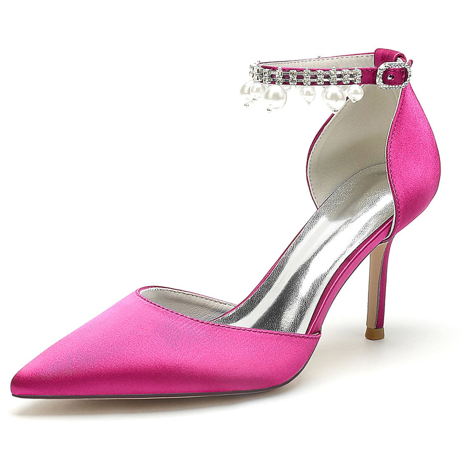 Damen Seidensatin Mit Knöchelriemen Perle Strass Quaste Geschlossene Zehen Stiletto Absatz Party Schuhe