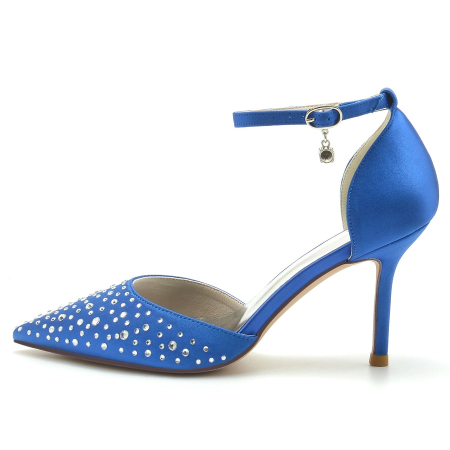 Damen Seidensatin mit Strass Geschlossene Zehen Stiletto-Absatz Knöchelriemen Hochzeitsschuhe