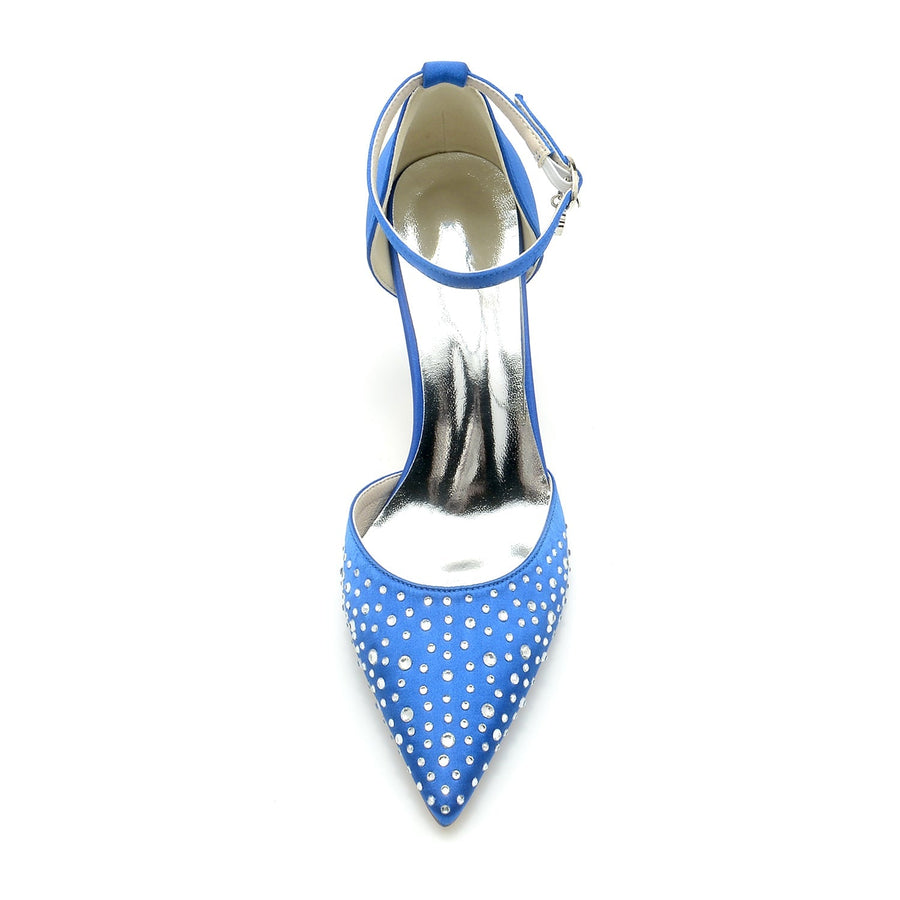 Damen Seidensatin mit Strass Geschlossene Zehen Stiletto-Absatz Knöchelriemen Hochzeitsschuhe