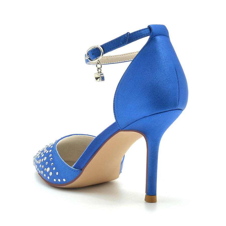 Damen Seidensatin mit Strass Geschlossene Zehen Stiletto-Absatz Knöchelriemen Hochzeitsschuhe
