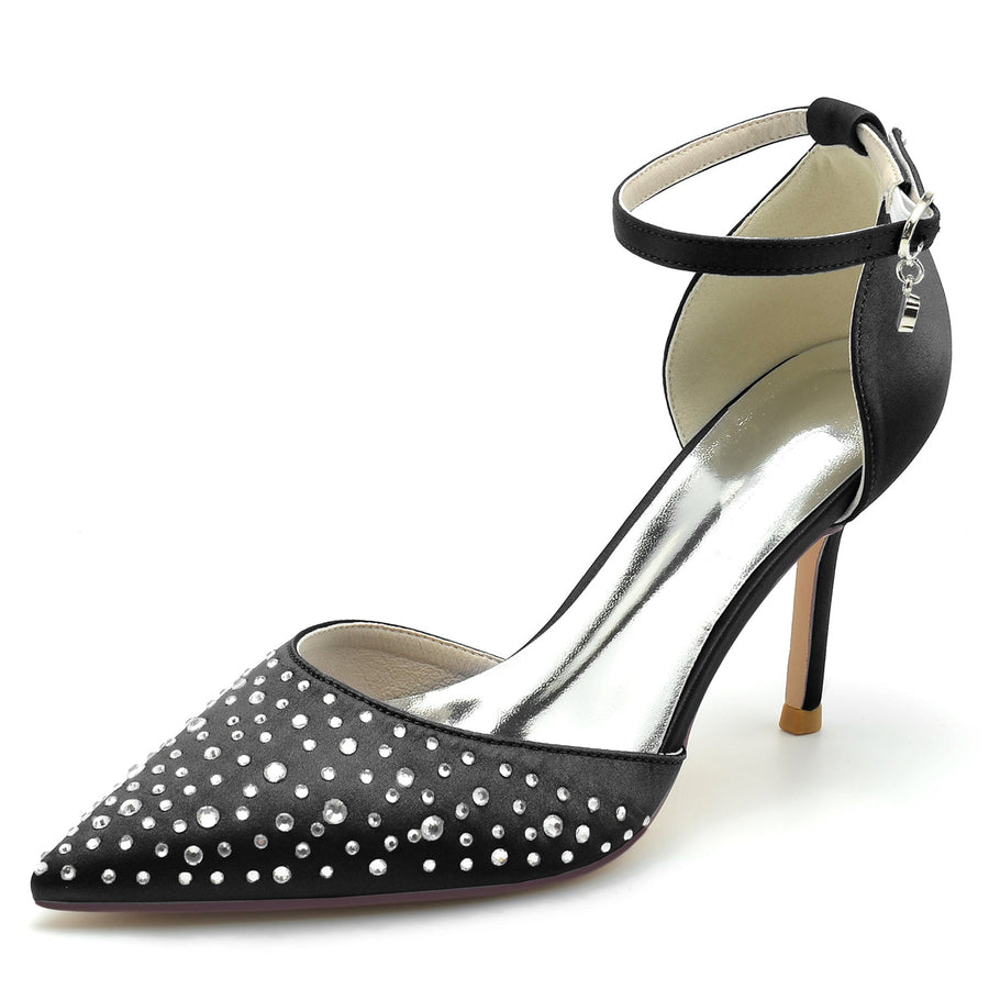 Damen Seidensatin mit Strass Geschlossene Zehen Stiletto-Absatz Knöchelriemen Hochzeitsschuhe