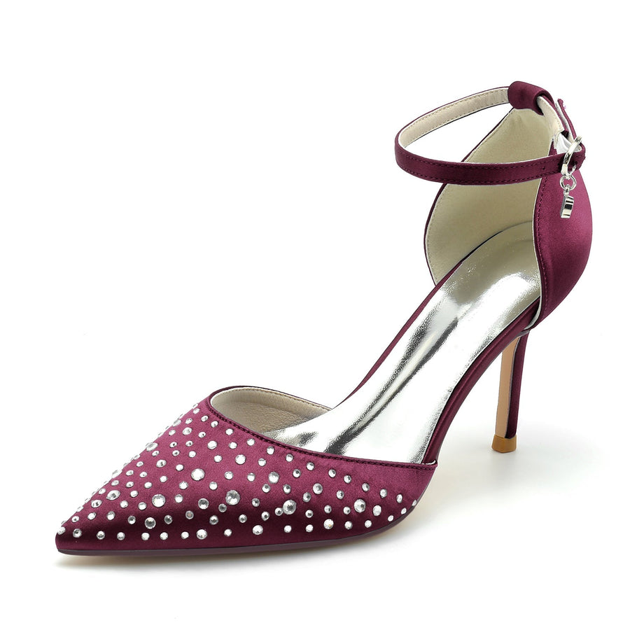 Damen Seidensatin mit Strass Geschlossene Zehen Stiletto-Absatz Knöchelriemen Hochzeitsschuhe