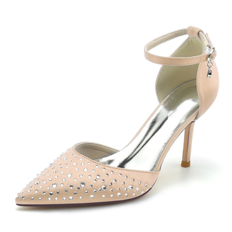 Damen Seidensatin mit Strass Geschlossene Zehen Stiletto-Absatz Knöchelriemen Hochzeitsschuhe