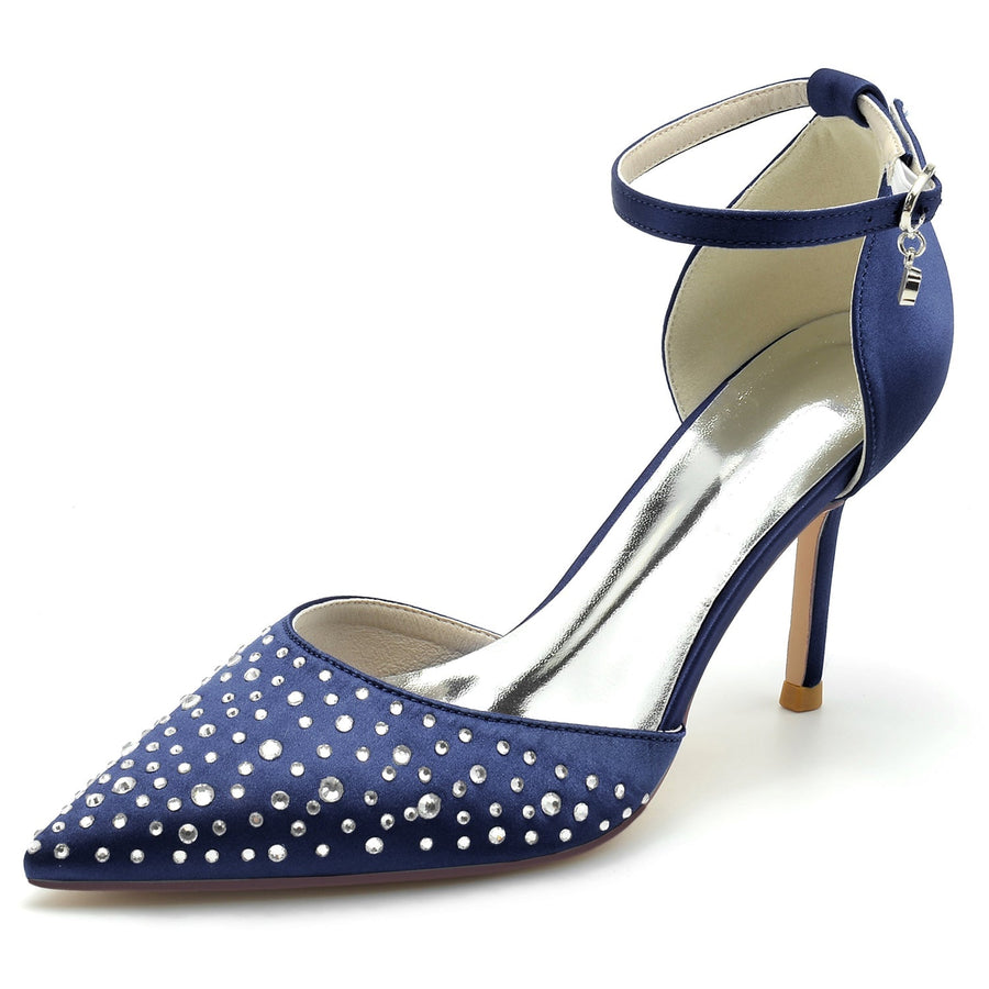 Damen Seidensatin mit Strass Geschlossene Zehen Stiletto-Absatz Knöchelriemen Hochzeitsschuhe