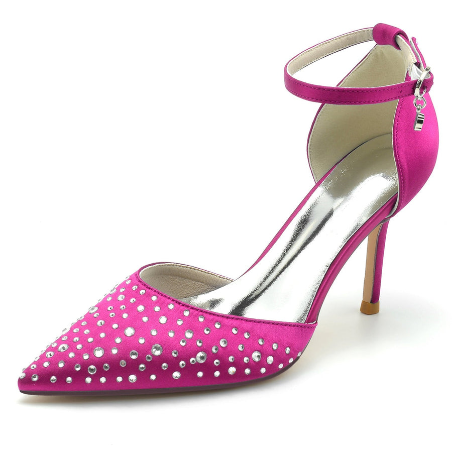 Damen Seidensatin mit Strass Geschlossene Zehen Stiletto-Absatz Knöchelriemen Hochzeitsschuhe