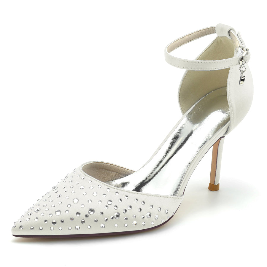 Damen Seidensatin mit Strass Geschlossene Zehen Stiletto-Absatz Knöchelriemen Hochzeitsschuhe