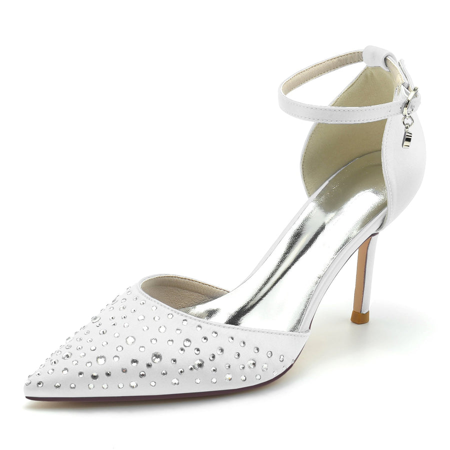 Damen Seidensatin mit Strass Geschlossene Zehen Stiletto-Absatz Knöchelriemen Hochzeitsschuhe