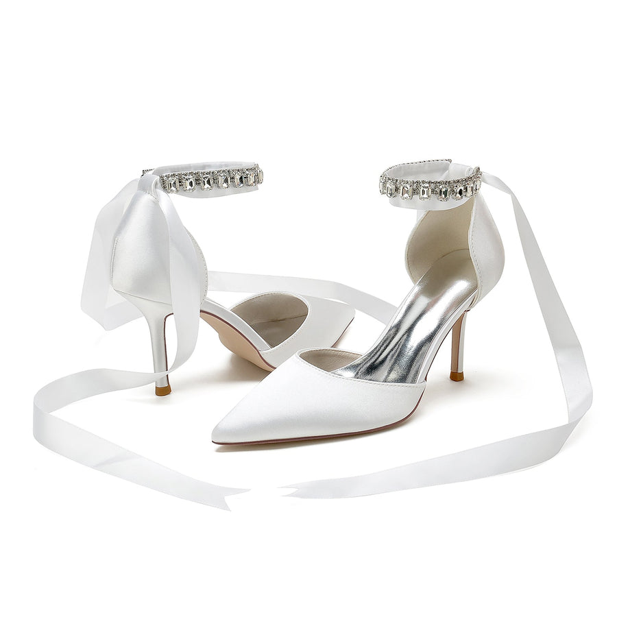 Damen Seidensatin Mit Knöchelriemen Schnürung Perlen Strass Geschlossene Zehen Stiletto Absatz Abendschuhe