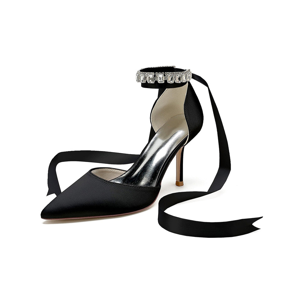 Damen Seidensatin Mit Knöchelriemen Schnürung Perlen Strass Geschlossene Zehen Stiletto Absatz Abendschuhe