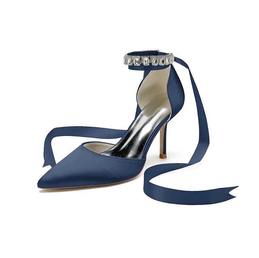 Damen Seidensatin Mit Knöchelriemen Schnürung Perlen Strass Geschlossene Zehen Stiletto Absatz Abendschuhe