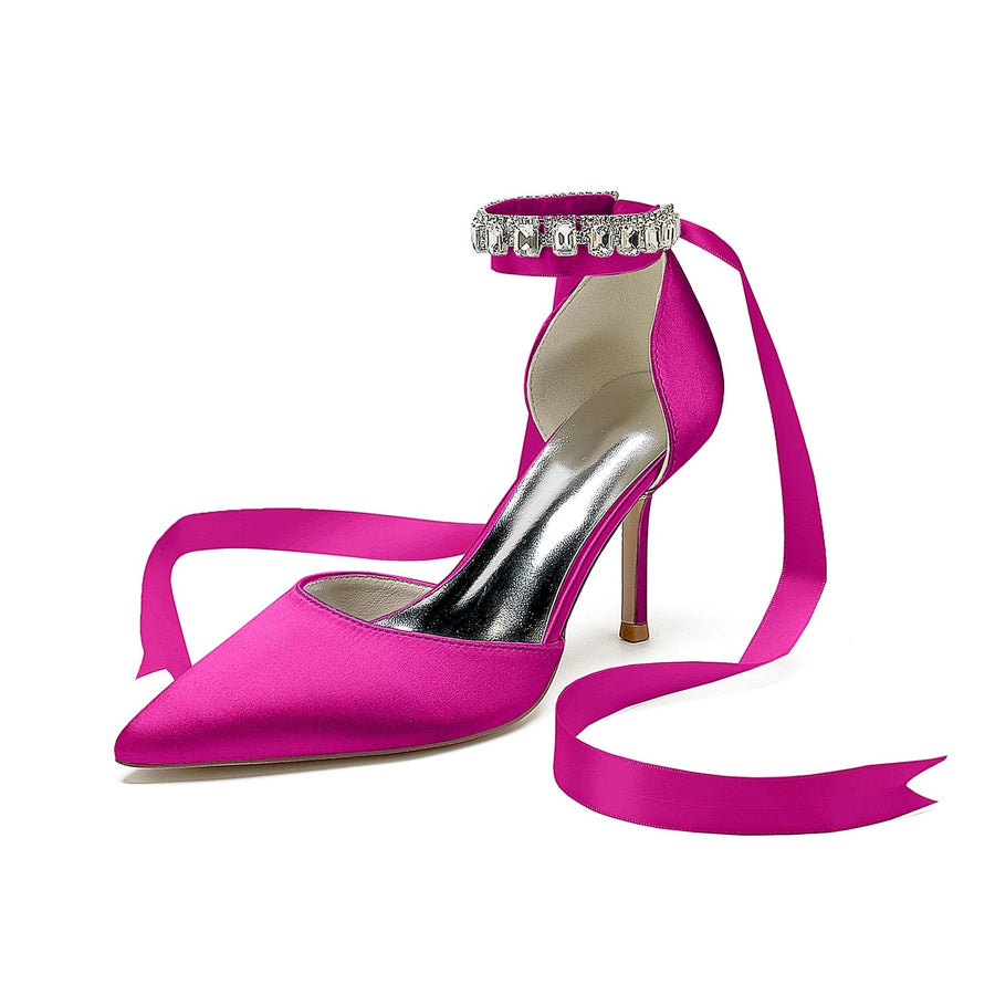 Damen Seidensatin Mit Knöchelriemen Schnürung Perlen Strass Geschlossene Zehen Stiletto Absatz Abendschuhe